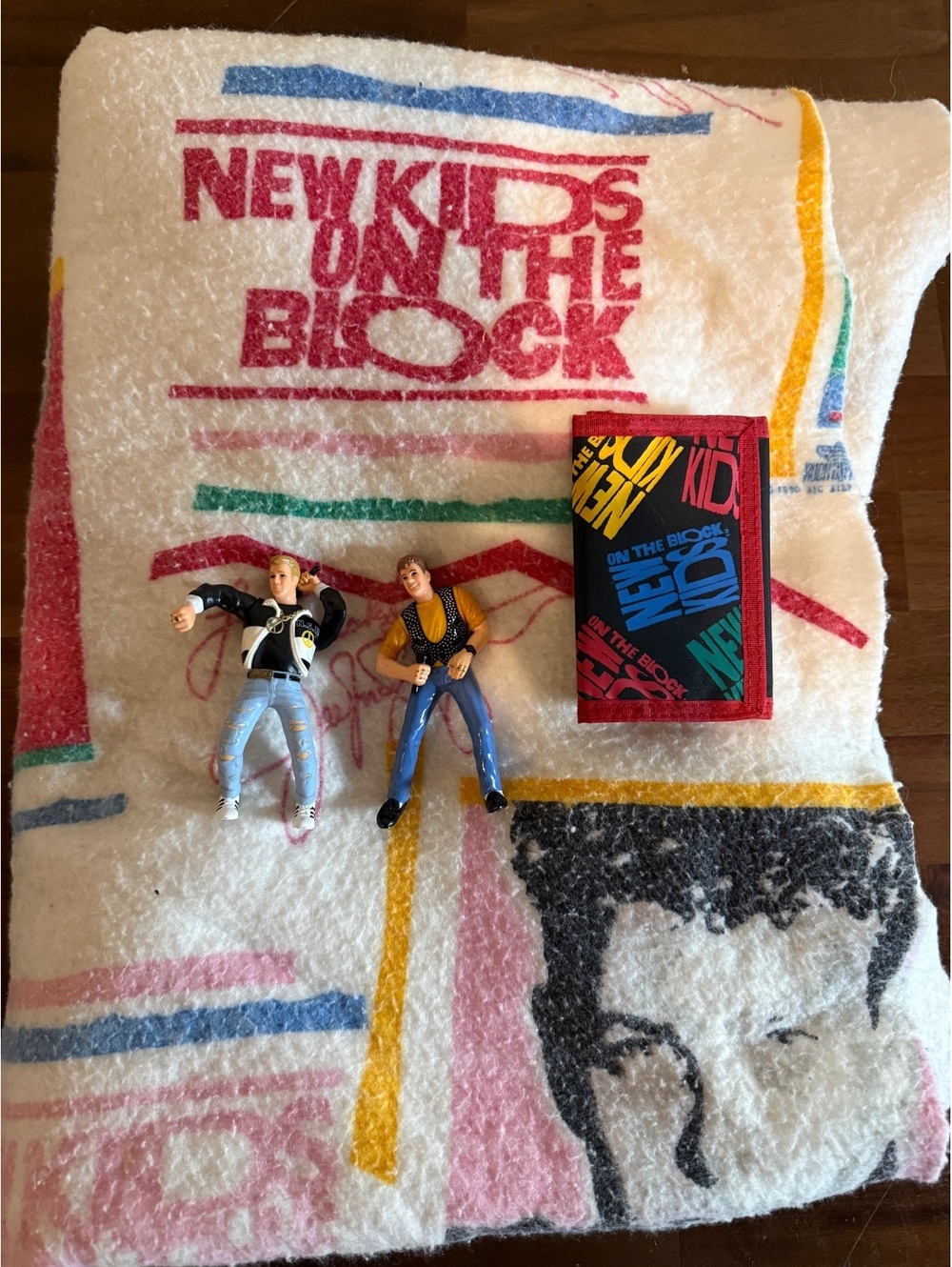 Vtg 1990 NKOTB New Kids on the Block Lot - Blanket,Wallet, & 2 Action Figures